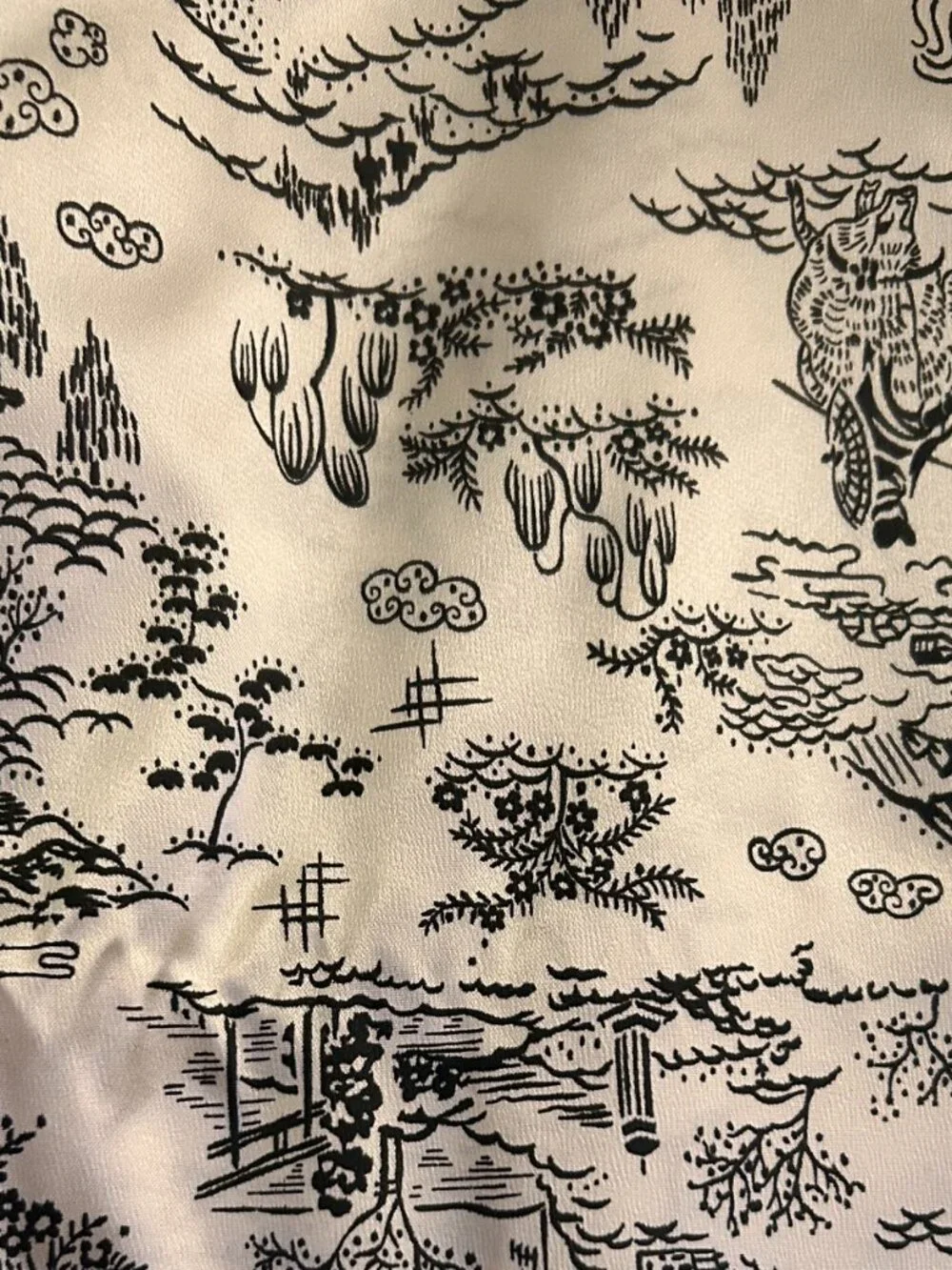 Vintage Toile Asian Scenes Satin Black & White Fabric LONG PIECE 44 x 275 inch